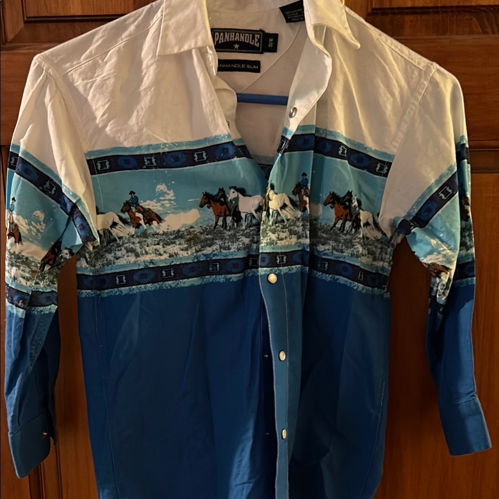 Panhandle Slim Blue and White Button Down Shirt with Scenic Design